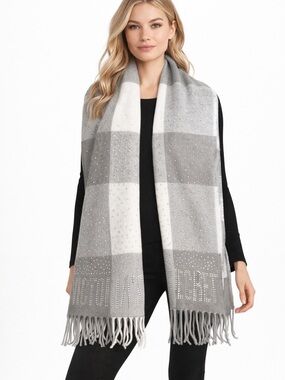 Victoria's Secret Gray & White Plaid Fringe Wrap Scarf
